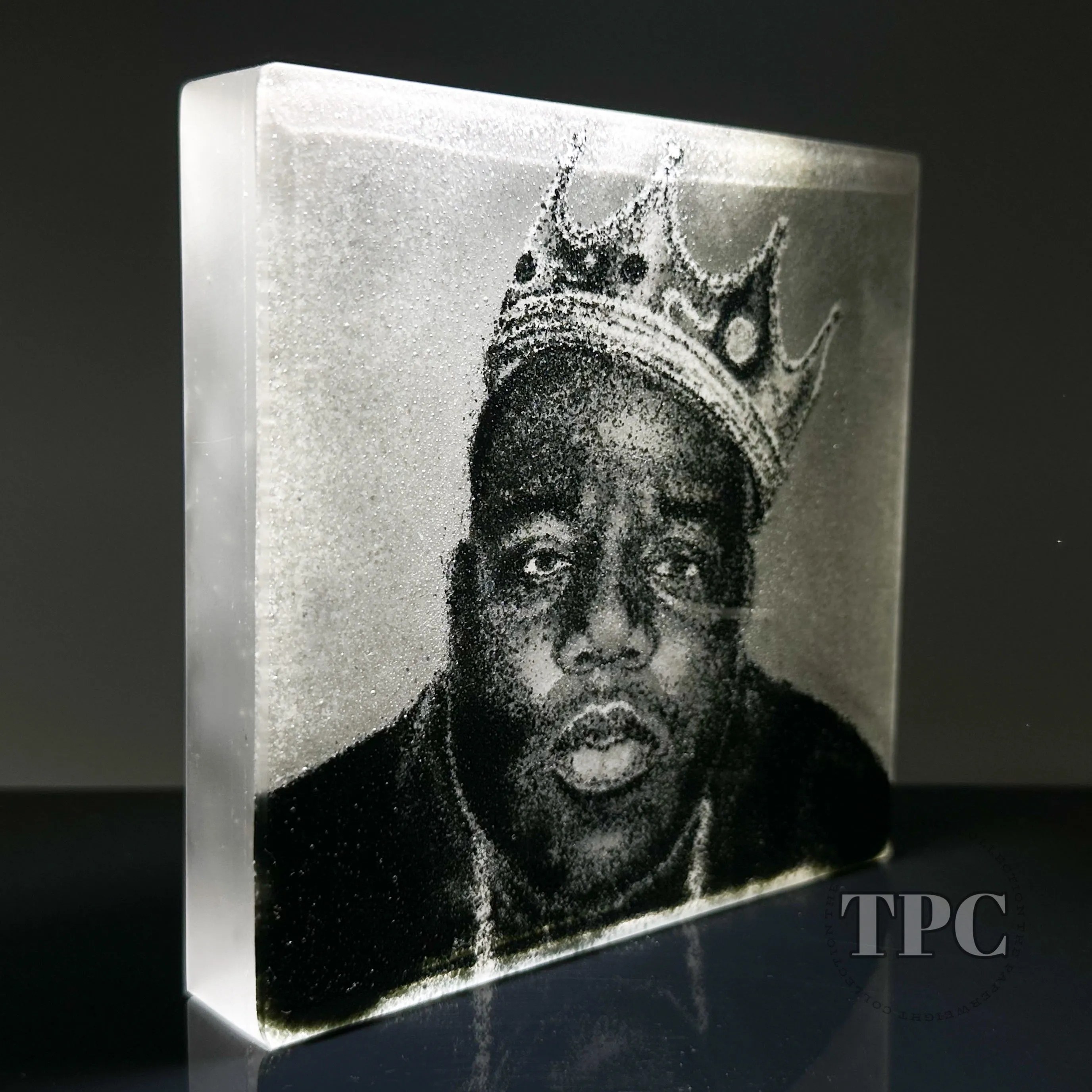 Epic Trevor Beck 2023 Glass Art Paperweight Plaque Detail Monochromatic Frit Portrait of Biggie Smalls aka Notorious BIG