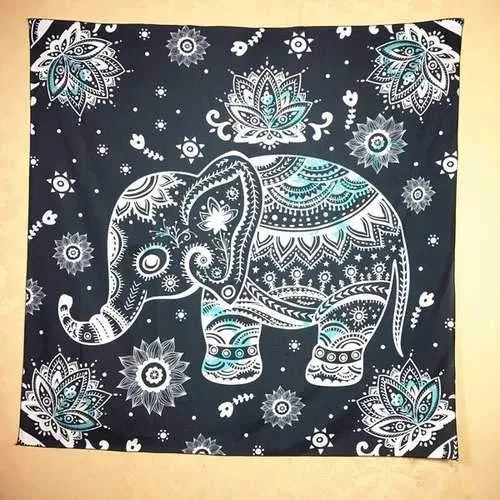Ethnic Indian Mandala Elephant Pattern Square Scarf - Black Grey