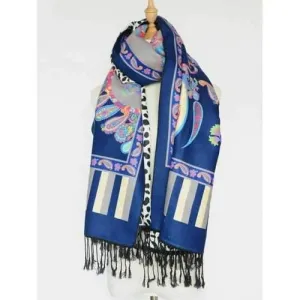 Ethnic Paisley and Leopard Pattern Tassel Shawl Scarf - Deep Blue