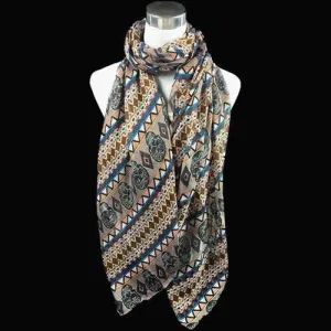 Ethnic Skull and Geometry Pattern Voile Scarf - Khaki