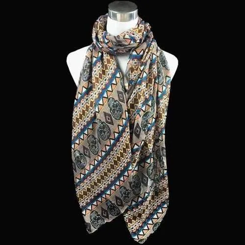 Ethnic Skull and Geometry Pattern Voile Scarf - Khaki