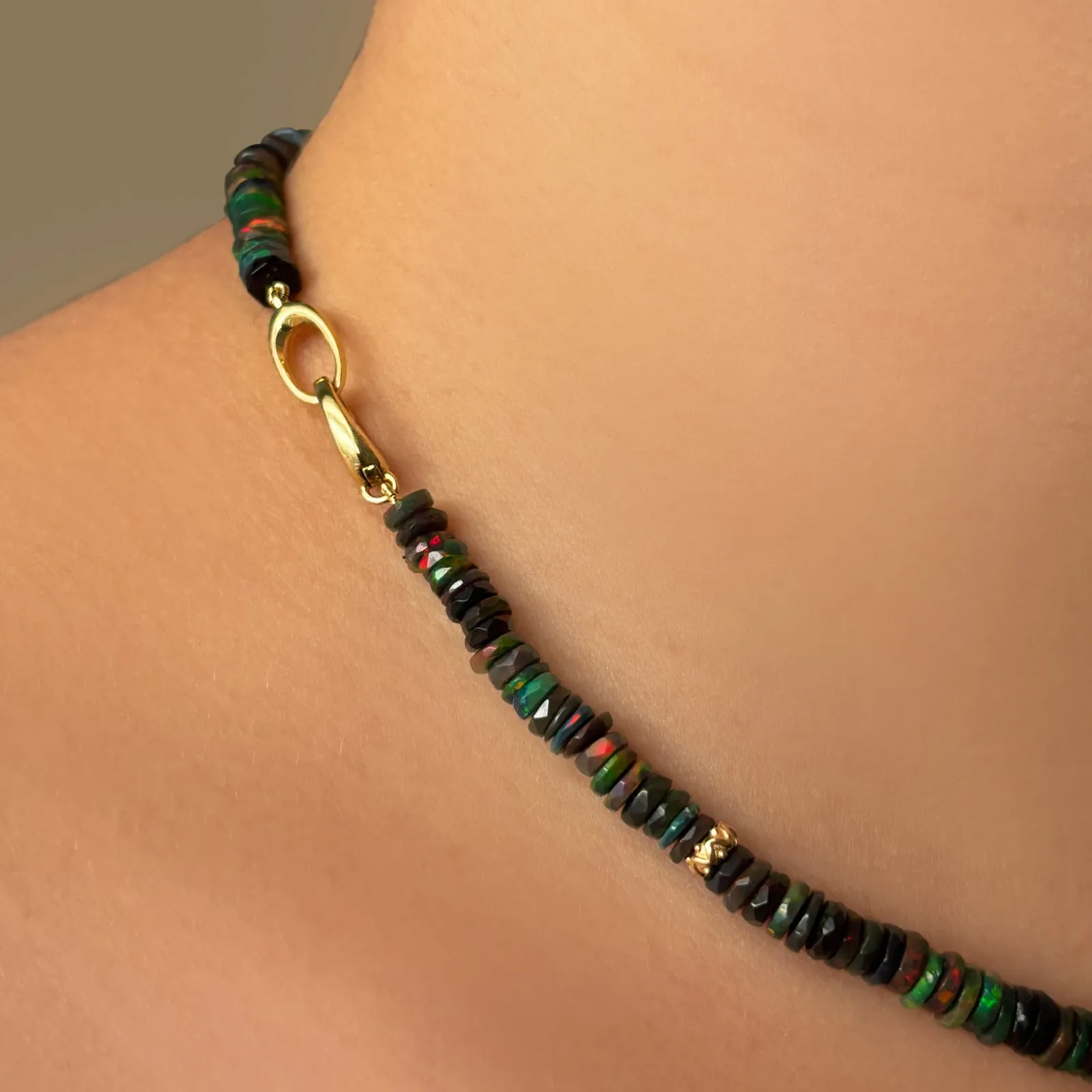Faceted Black Opal Heishi with Gold Beads