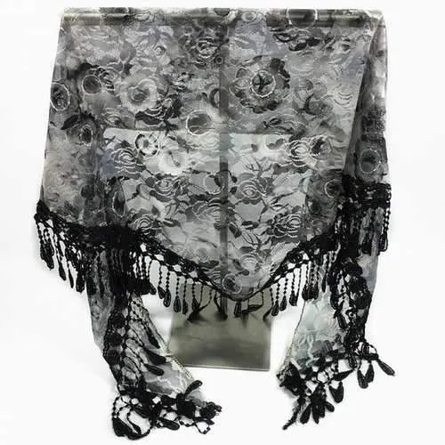 Feather Pendant Flower Pattern Trim Lace Triangle Scarf - Black