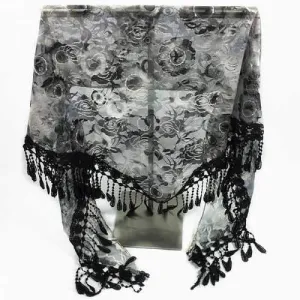 Feather Pendant Flower Pattern Trim Lace Triangle Scarf - Black