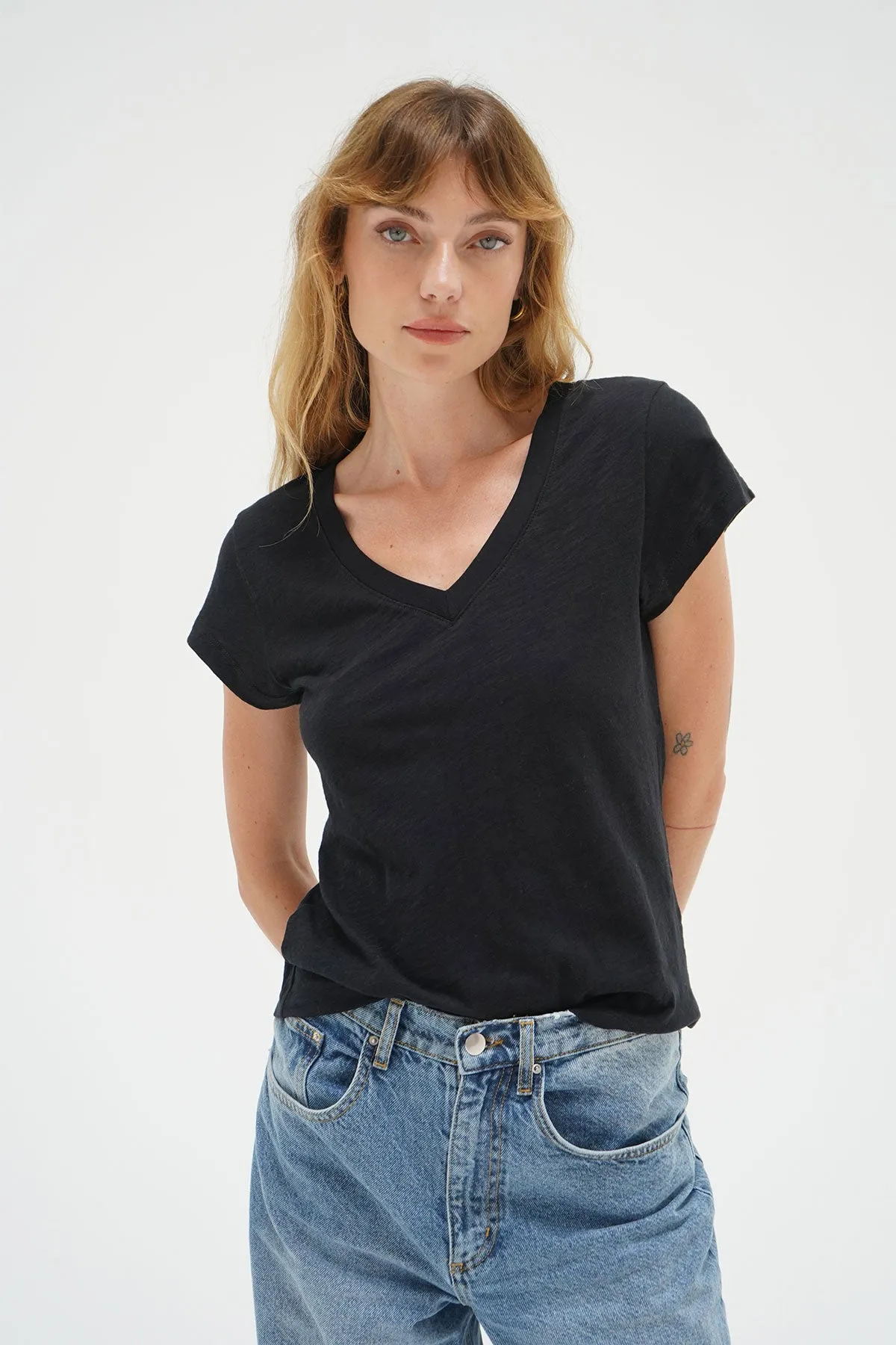 Fitted Deep V Cotton Tee - Black