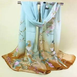 Flower and Magpie Print Chiffon Scarf - Light Coffee