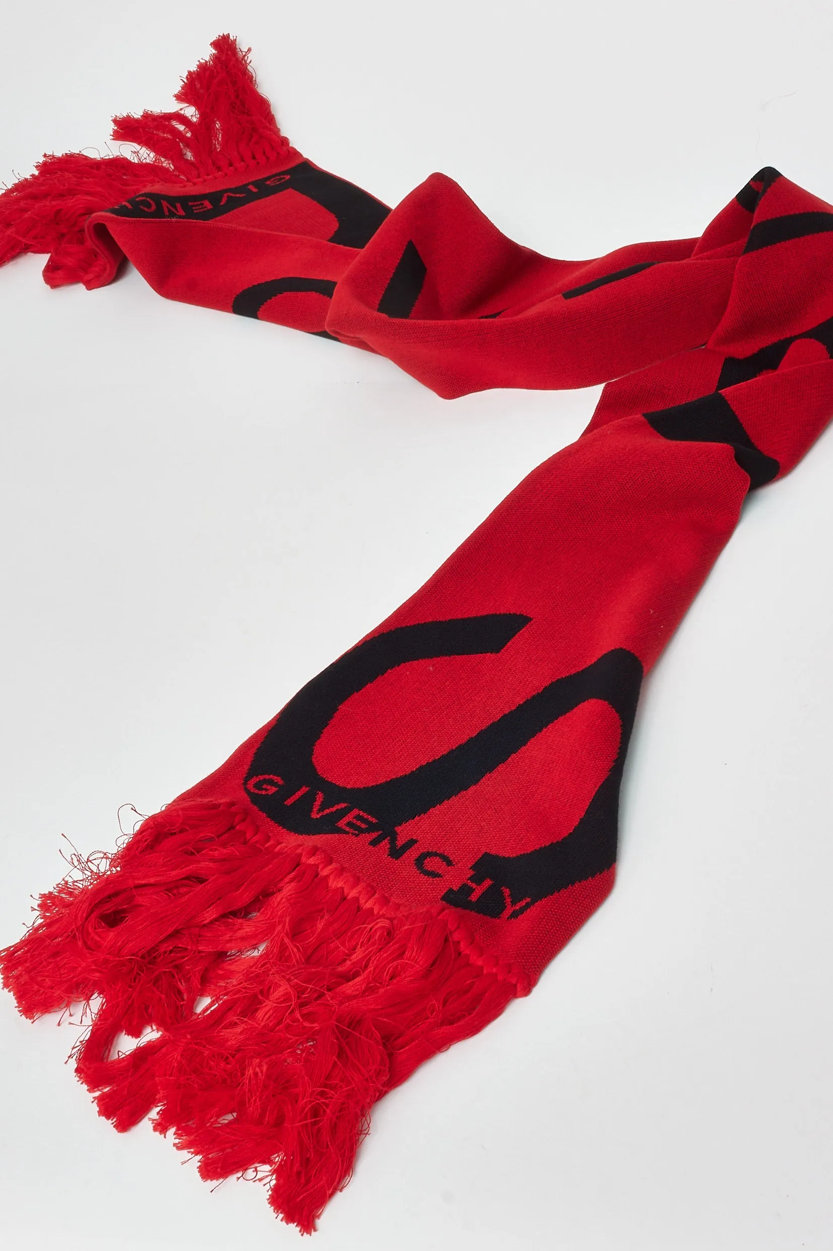 Givenchy Red Knit Paris Logo Fringe Scarf