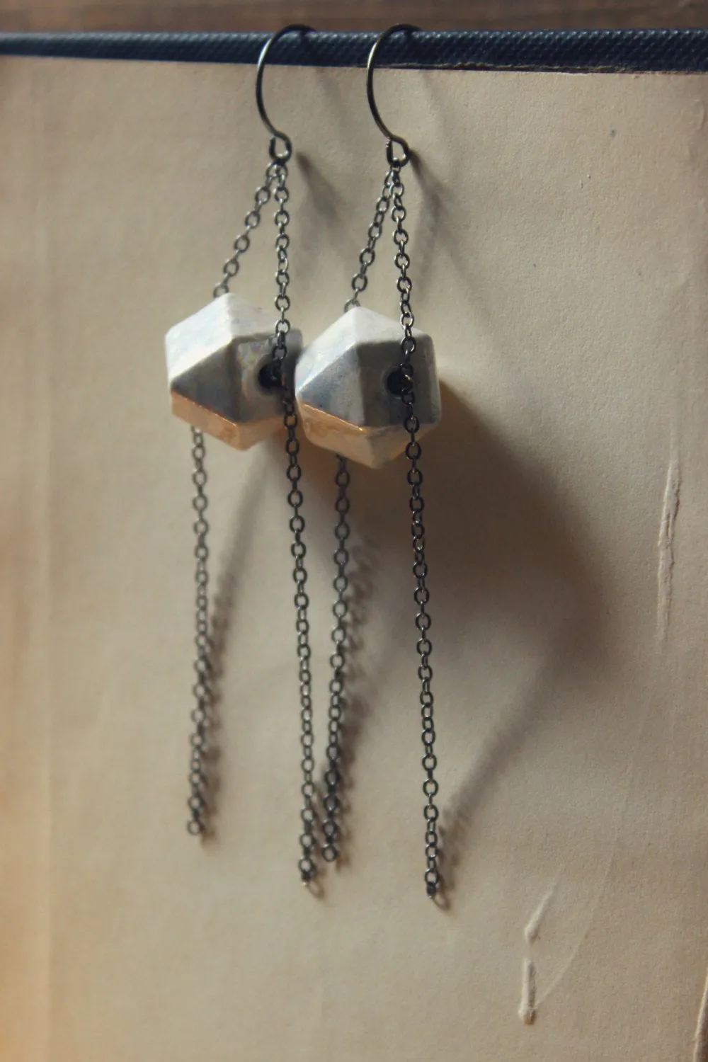 Gossamer. Vintage White Aurora Borealis Ceramic Bead & Gunmetal Earrings.
