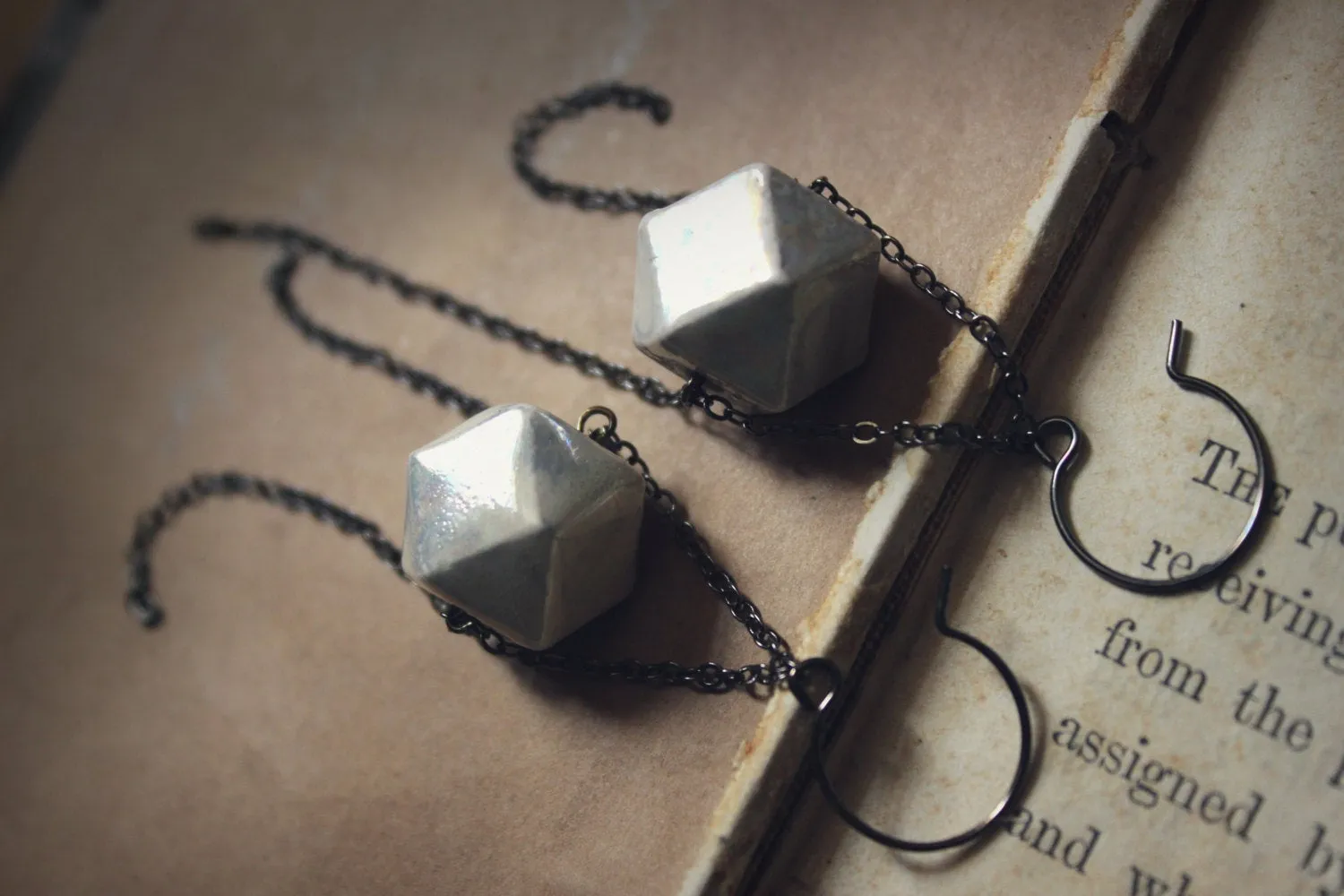 Gossamer. Vintage White Aurora Borealis Ceramic Bead & Gunmetal Earrings.
