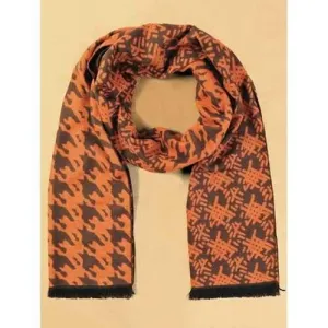Houndstooth and Weaving Bamboo Basket Pattern Fringed Scarf ODM Designer - Orange