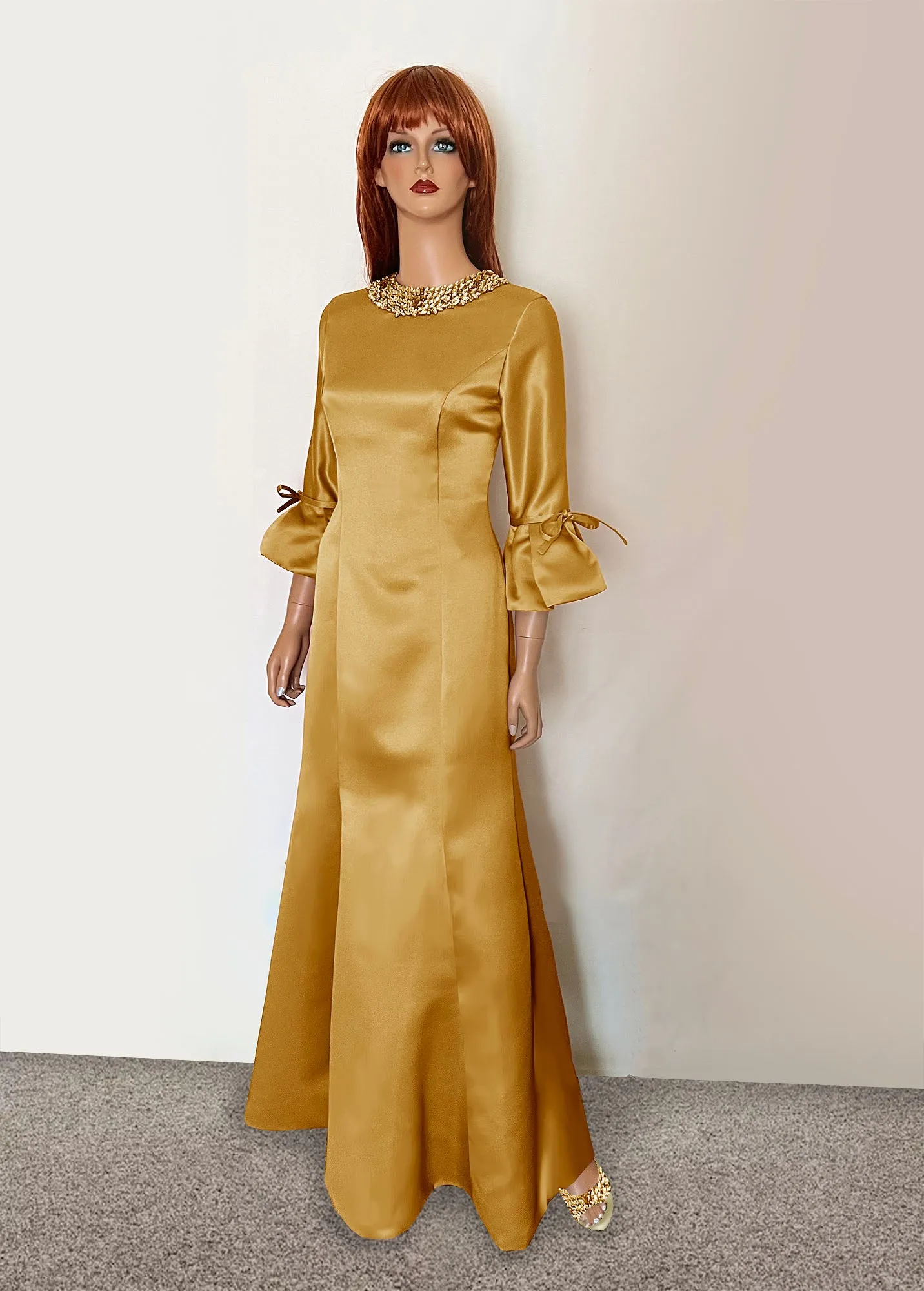 Icaria Gown with Frill Sleeves and Crystal Embellished Neckline
