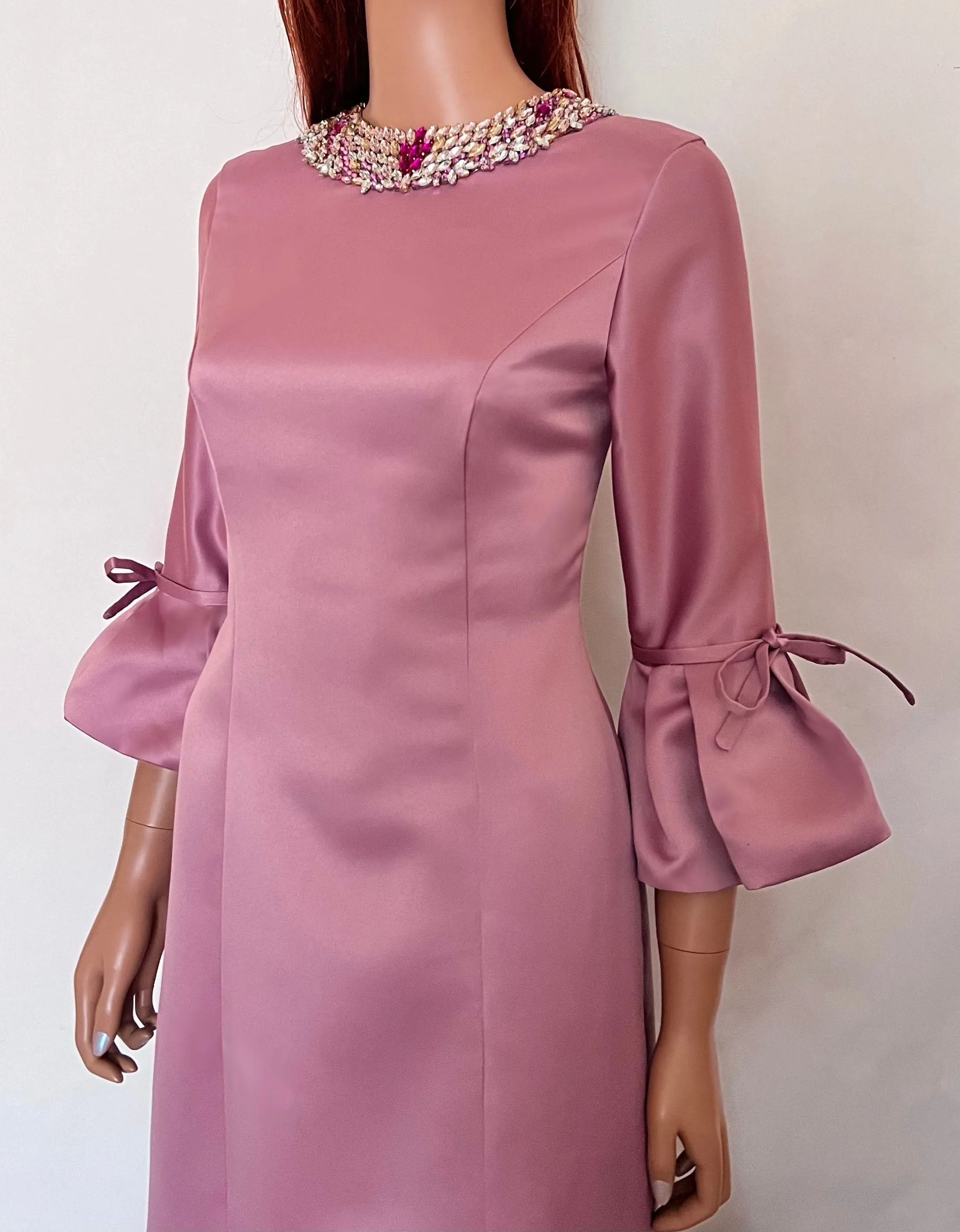 Icaria Gown with Frill Sleeves and Crystal Embellished Neckline