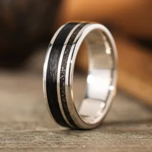 (In-Stock) The Midnight Barrel in Silver | Men's Silver Wedding Band with Whiskey Barrel Wood & Meteorite - Size 7 | 6mm Wide