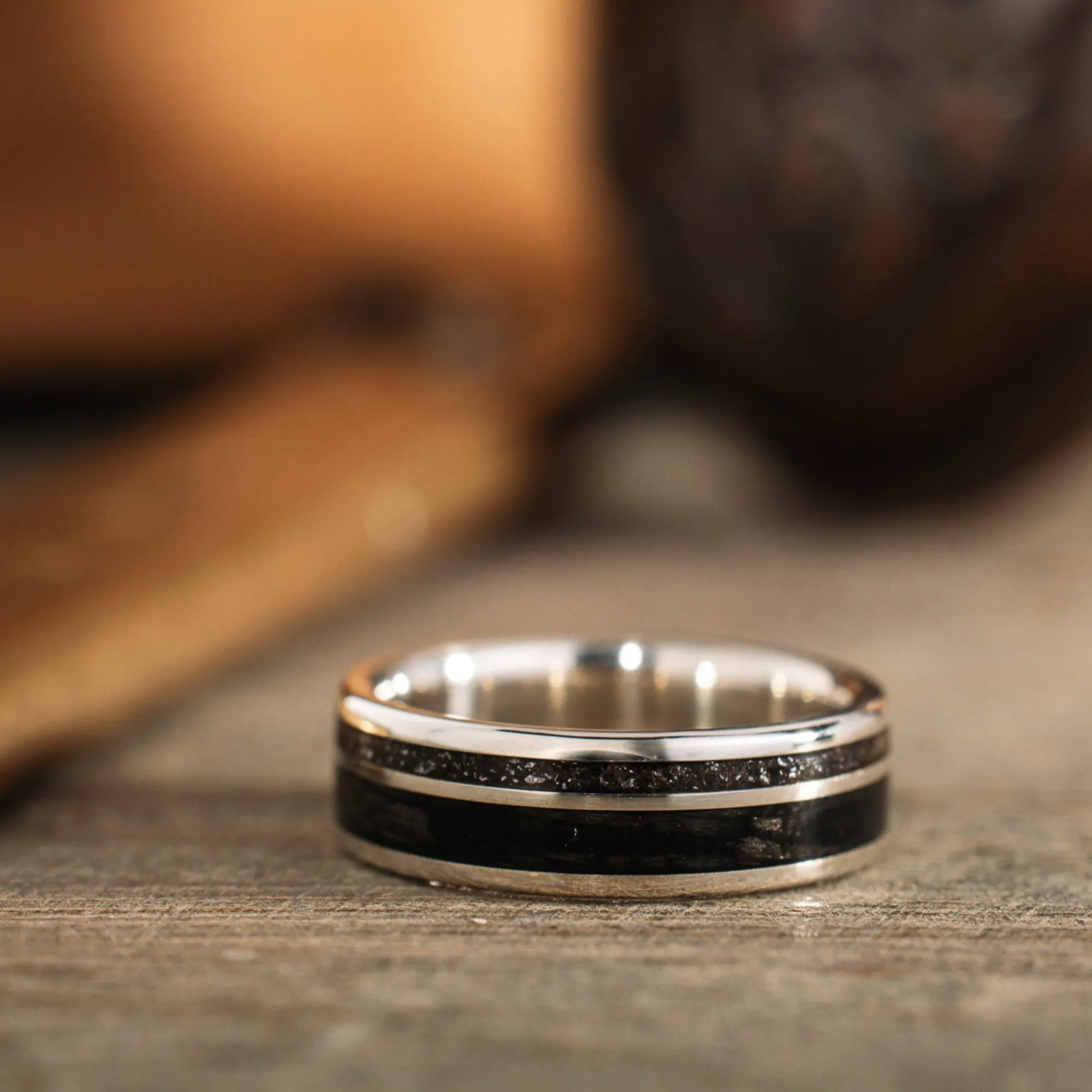 (In-Stock) The Midnight Barrel in Silver | Men's Silver Wedding Band with Whiskey Barrel Wood & Meteorite - Size 7 | 6mm Wide