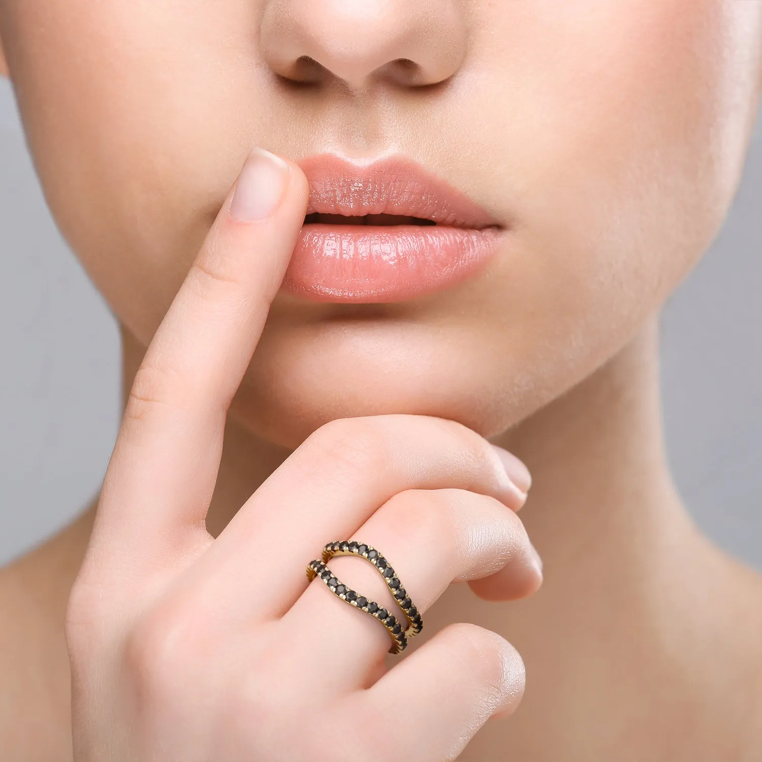 In the Dark Double Band Wedding Ring with Round Cut Natural Black Diamonds