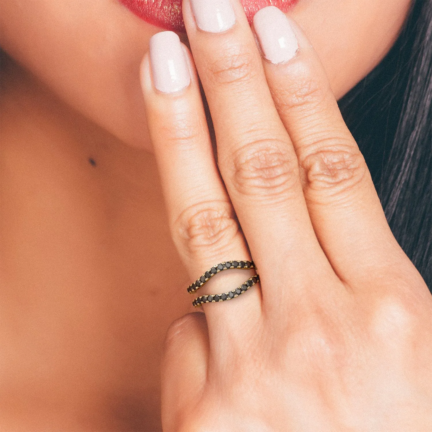 In the Dark Double Band Wedding Ring with Round Cut Natural Black Diamonds