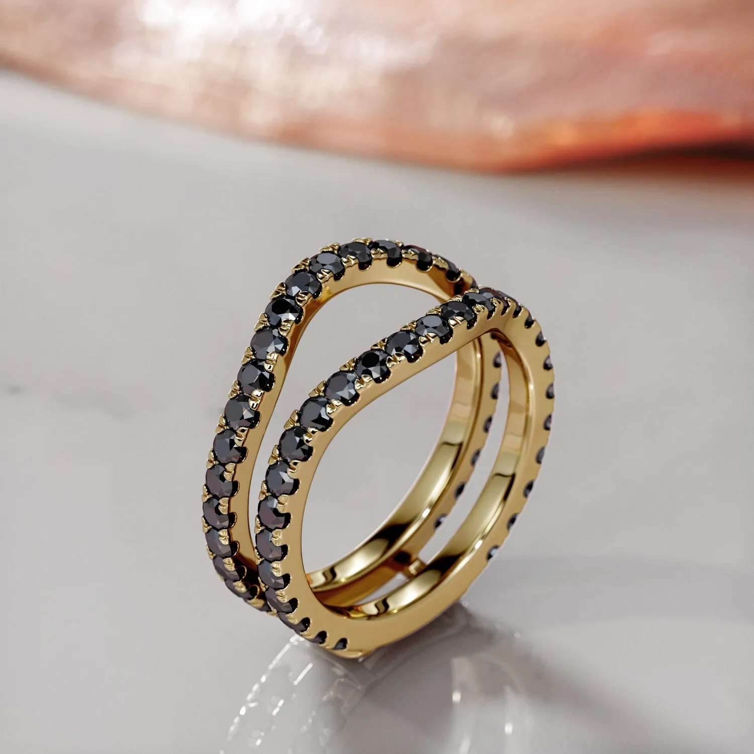 In the Dark Double Band Wedding Ring with Round Cut Natural Black Diamonds