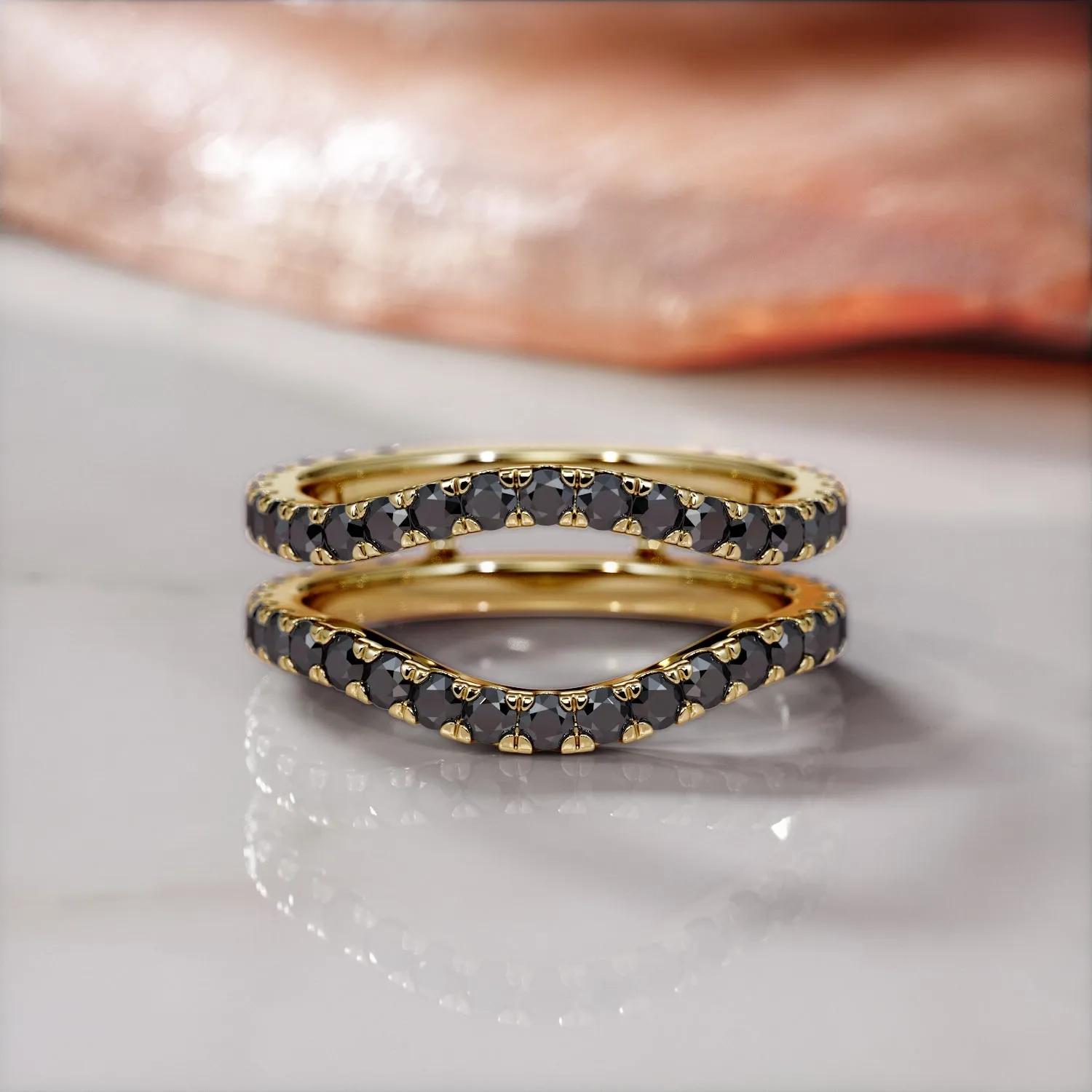 In the Dark Double Band Wedding Ring with Round Cut Natural Black Diamonds