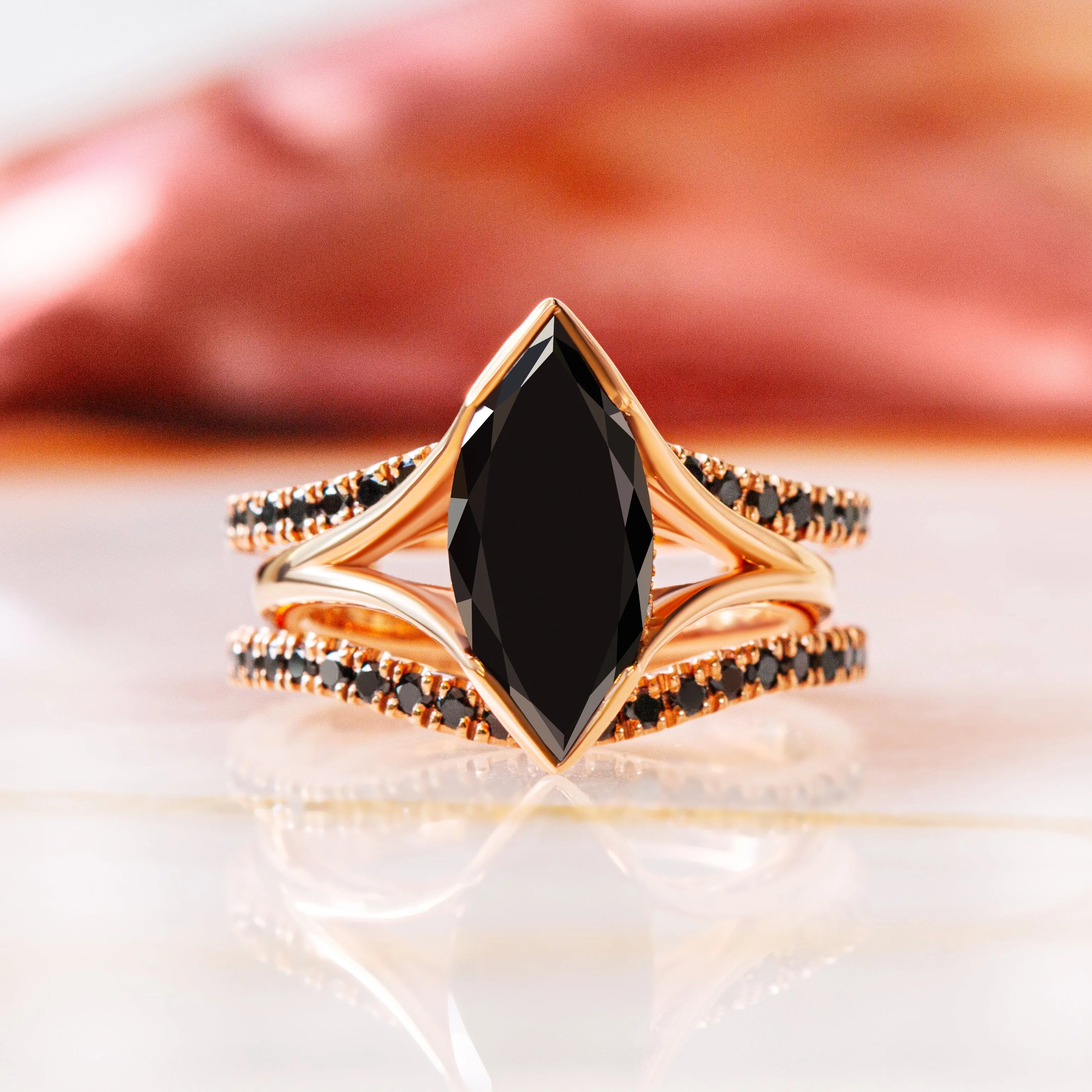 In the Dark Double Band Wedding Ring with Round Cut Natural Black Diamonds