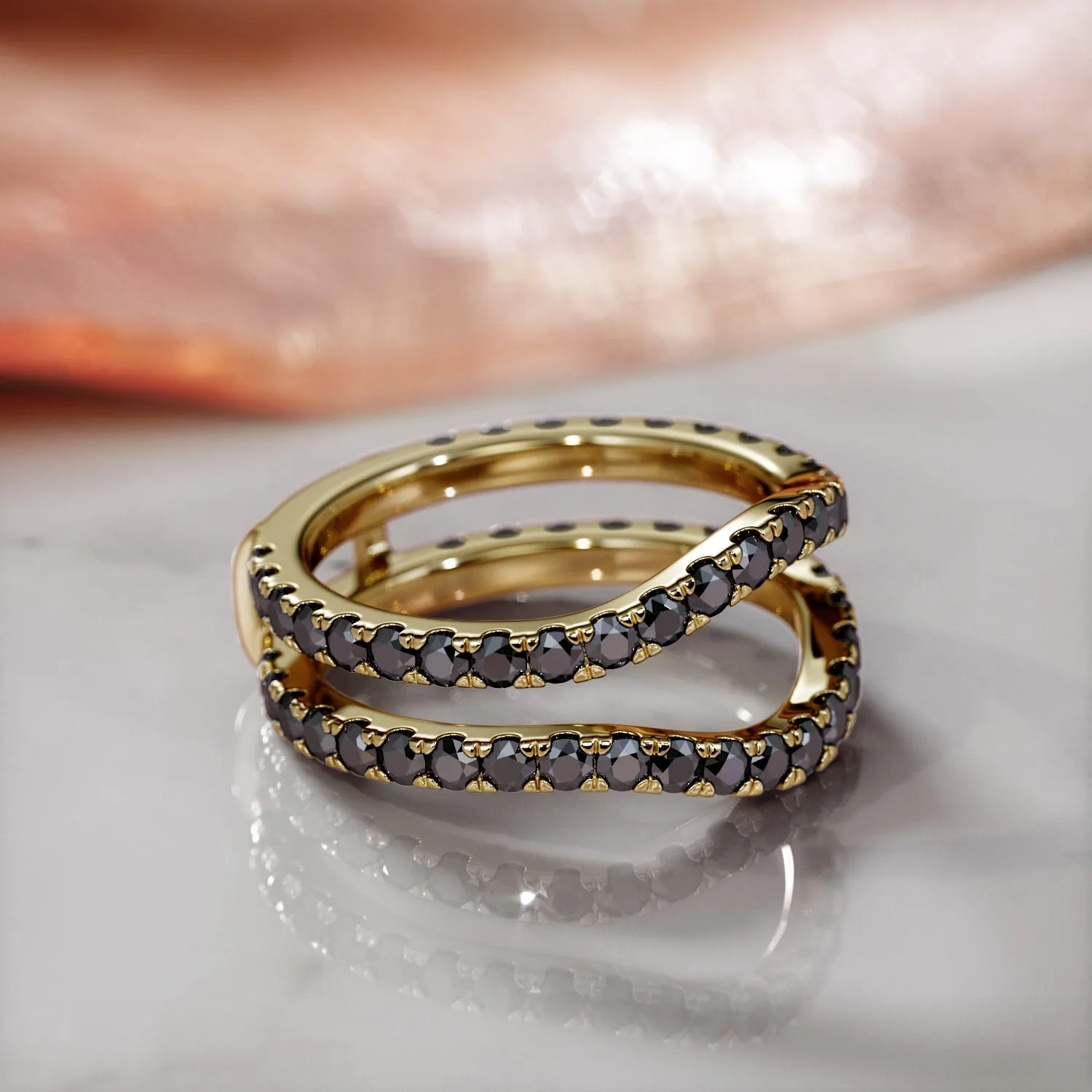 In the Dark Double Band Wedding Ring with Round Cut Natural Black Diamonds