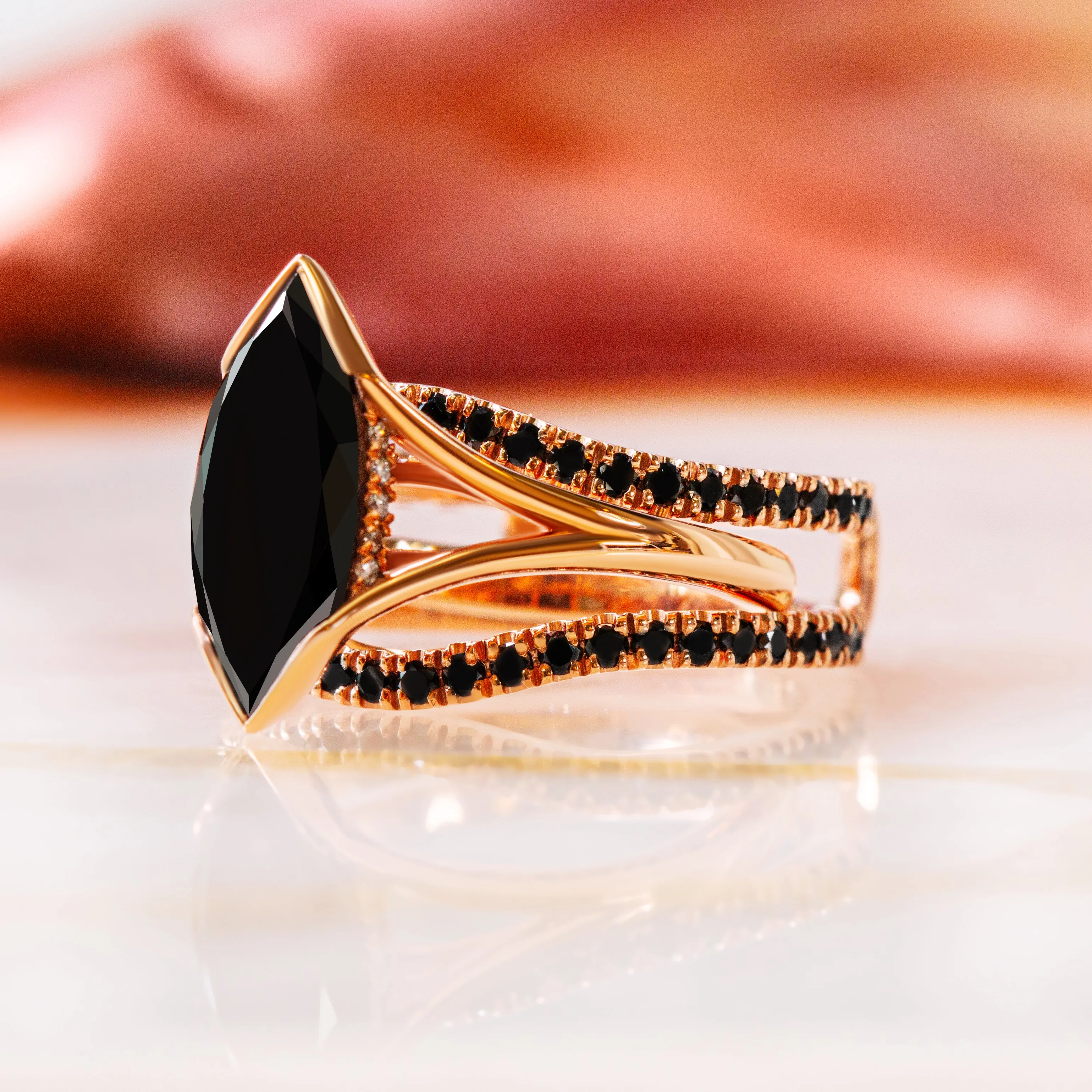 In the Dark Double Band Wedding Ring with Round Cut Natural Black Diamonds