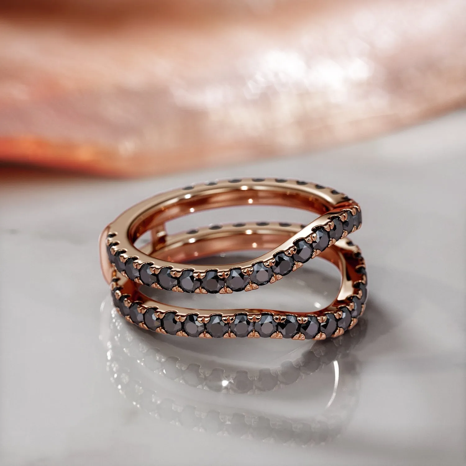 In the Dark Double Band Wedding Ring with Round Cut Natural Black Diamonds