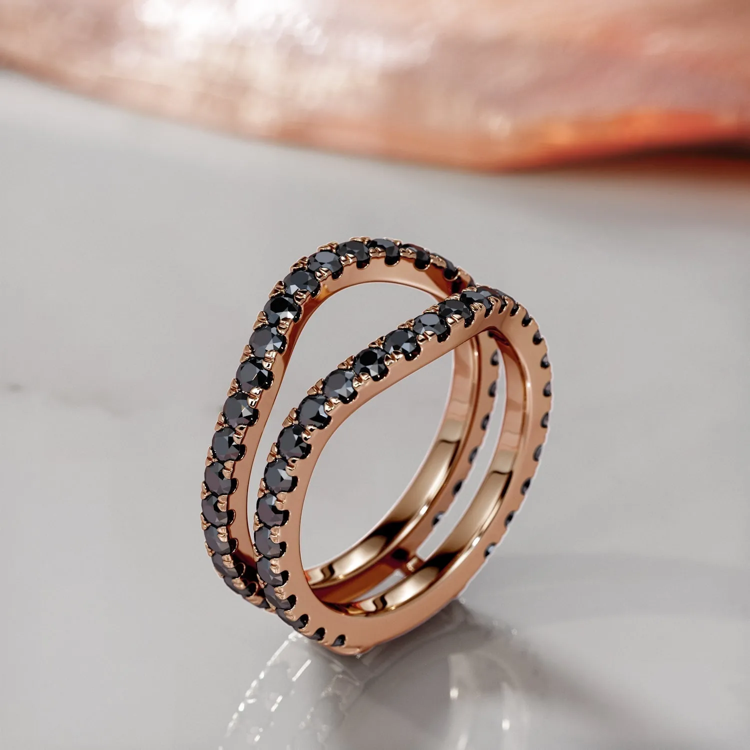In the Dark Double Band Wedding Ring with Round Cut Natural Black Diamonds