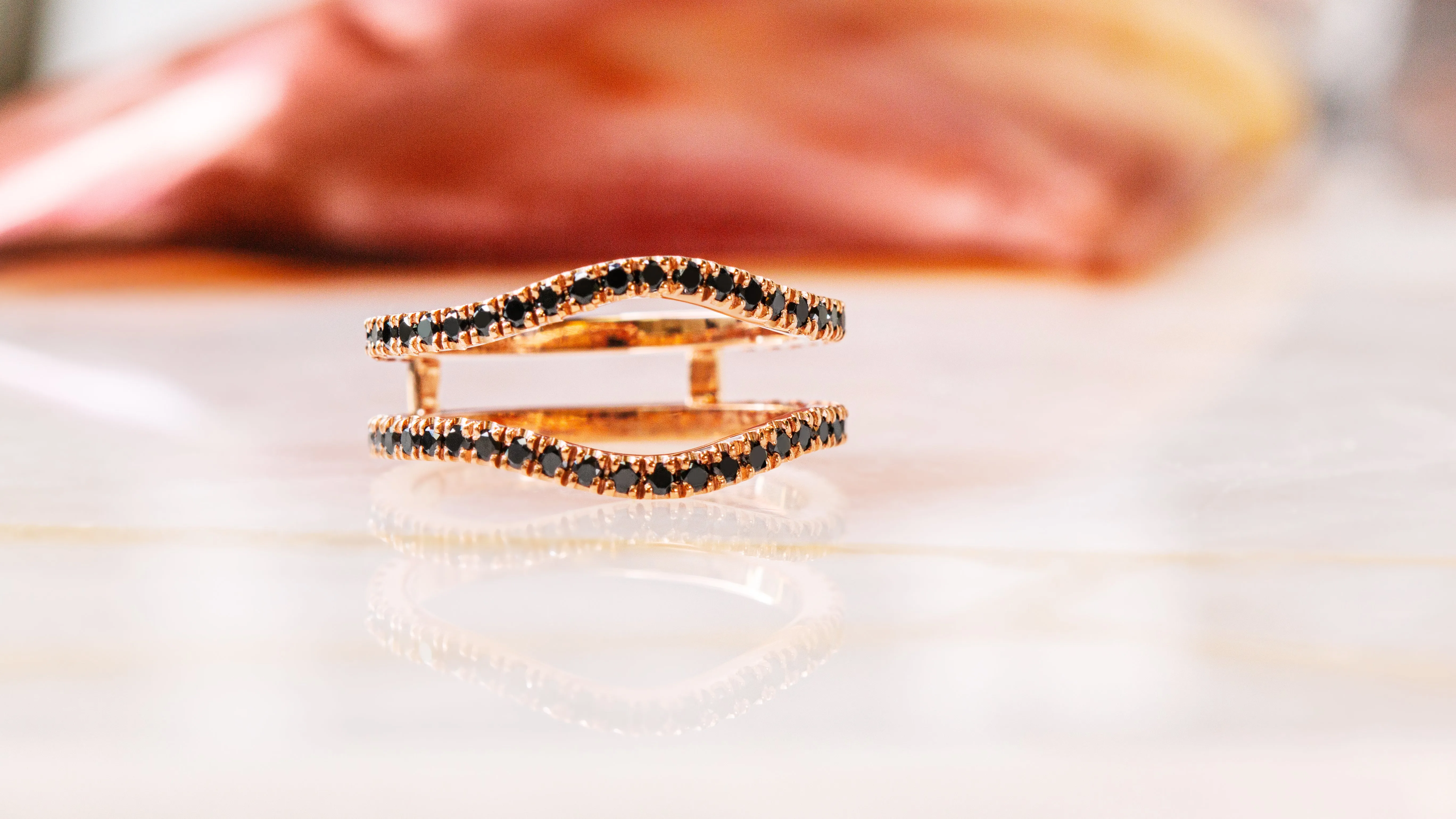 In the Dark Double Band Wedding Ring with Round Cut Natural Black Diamonds