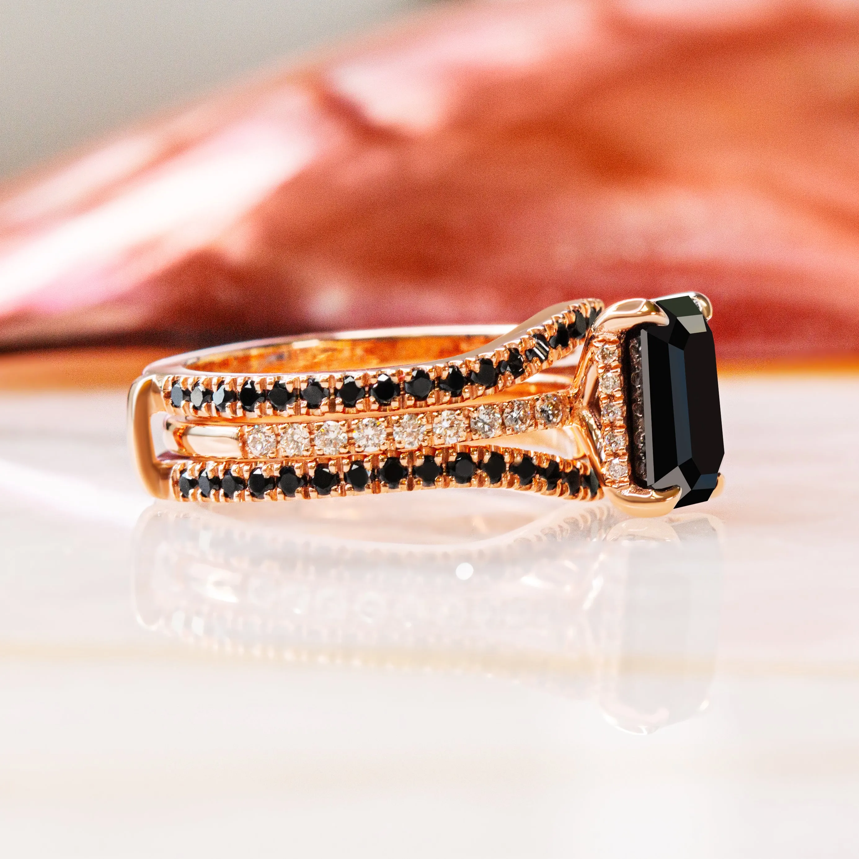 In the Dark Double Band Wedding Ring with Round Cut Natural Black Diamonds