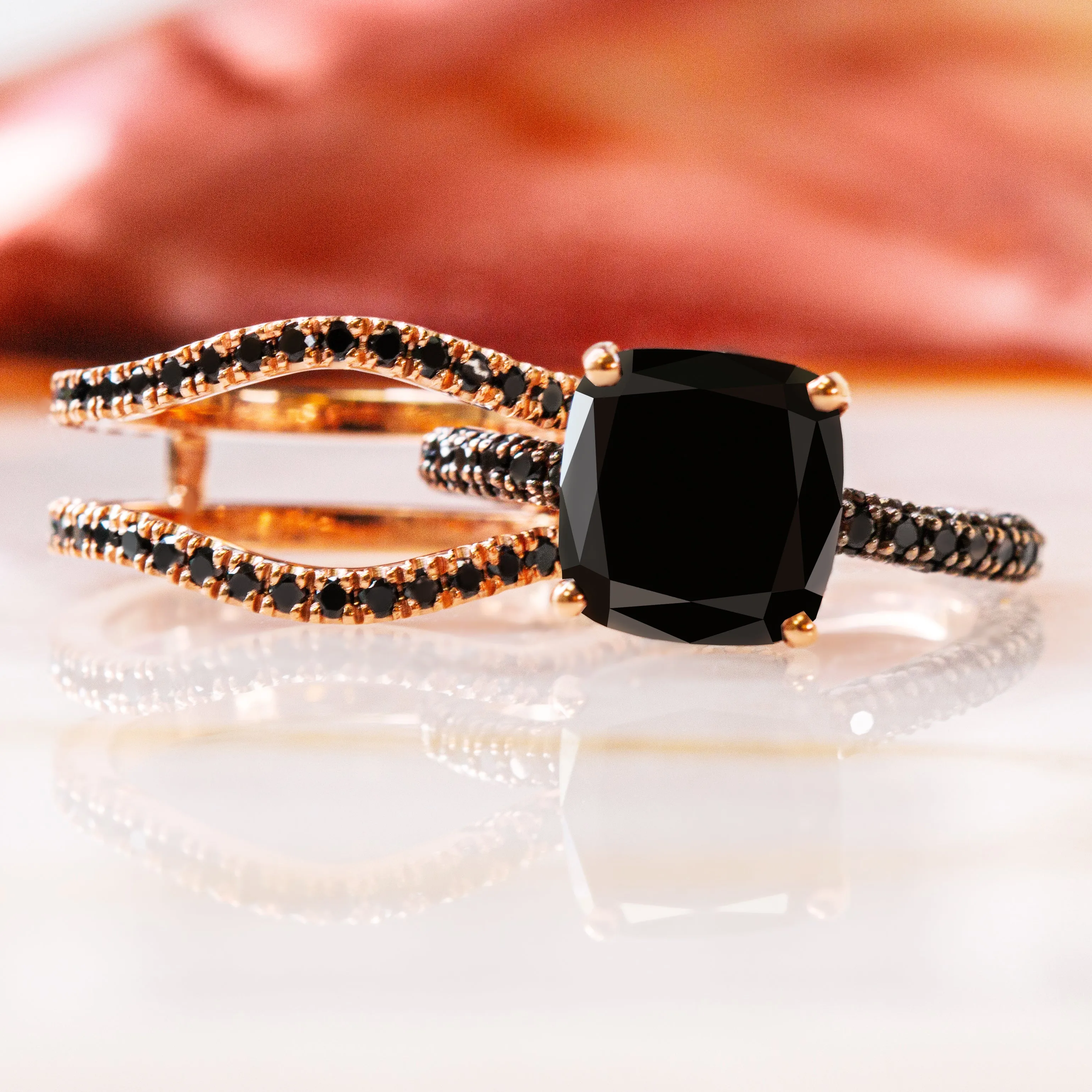 In the Dark Double Band Wedding Ring with Round Cut Natural Black Diamonds