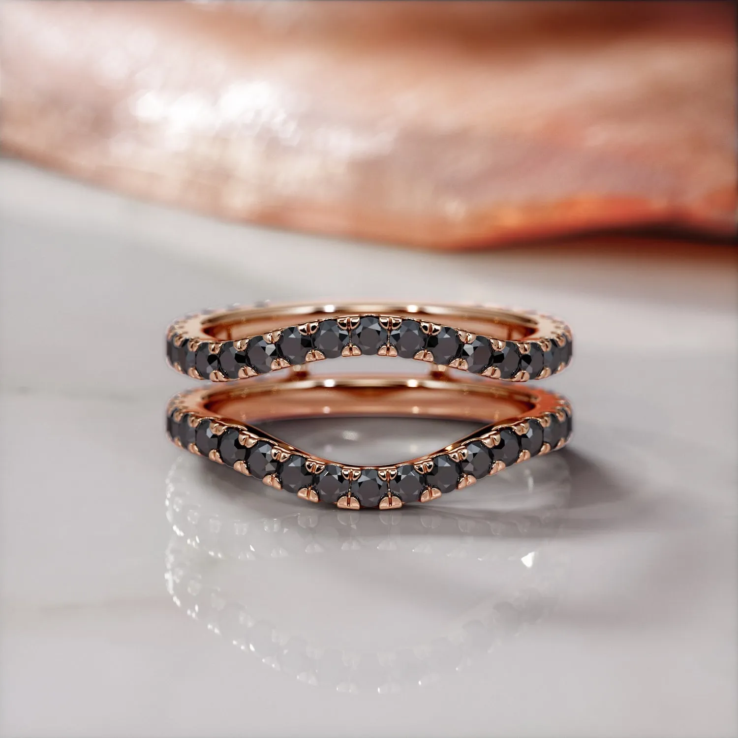 In the Dark Double Band Wedding Ring with Round Cut Natural Black Diamonds