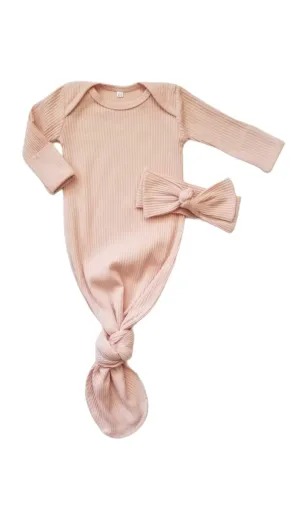 Knotted Newborn Gown Set | Ribbed Blush Pink