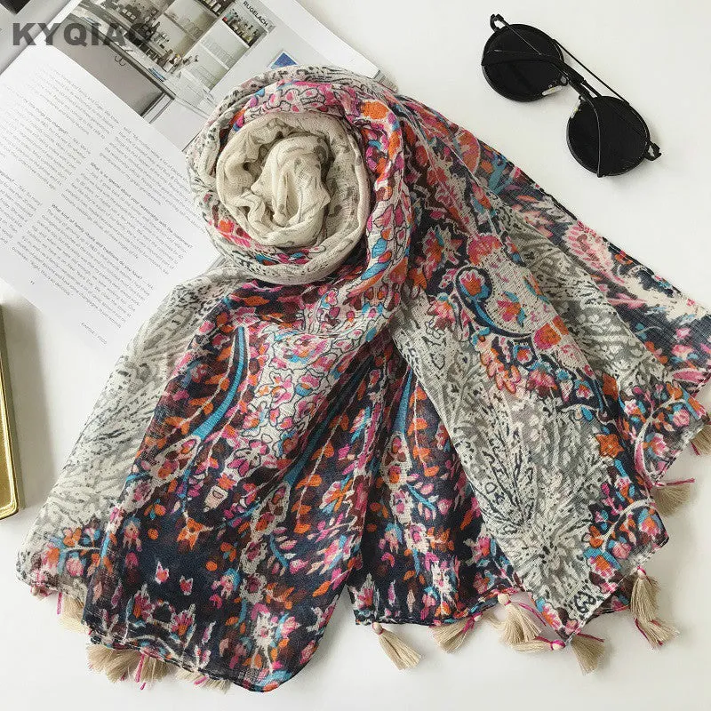 KYQIAO Bohemian hippie print scarf for women autumn winter Spain style ethnic boho long printed scarves muffler cape