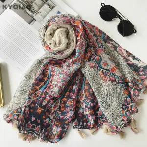 KYQIAO Bohemian hippie print scarf for women autumn winter Spain style ethnic boho long printed scarves muffler cape