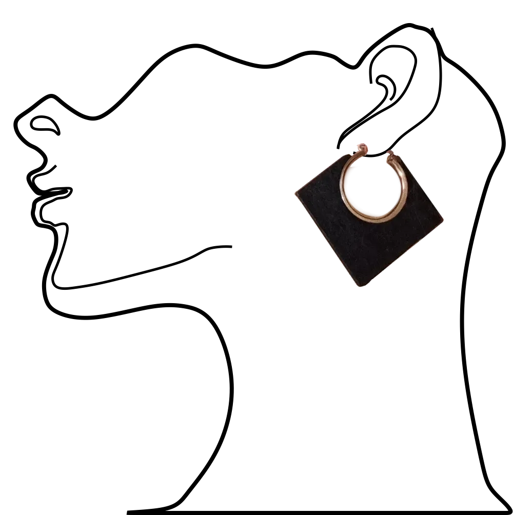 Lozenge Shape Black Wood and Metal Earrings