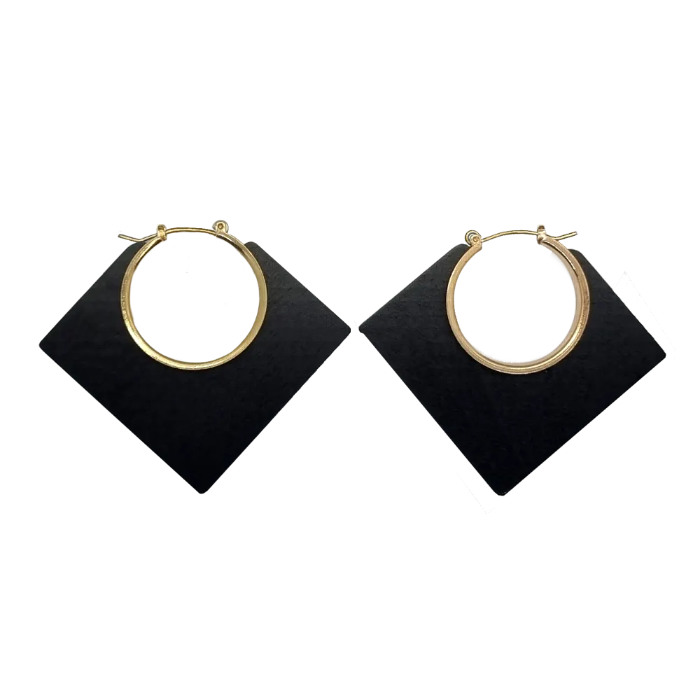 Lozenge Shape Black Wood and Metal Earrings