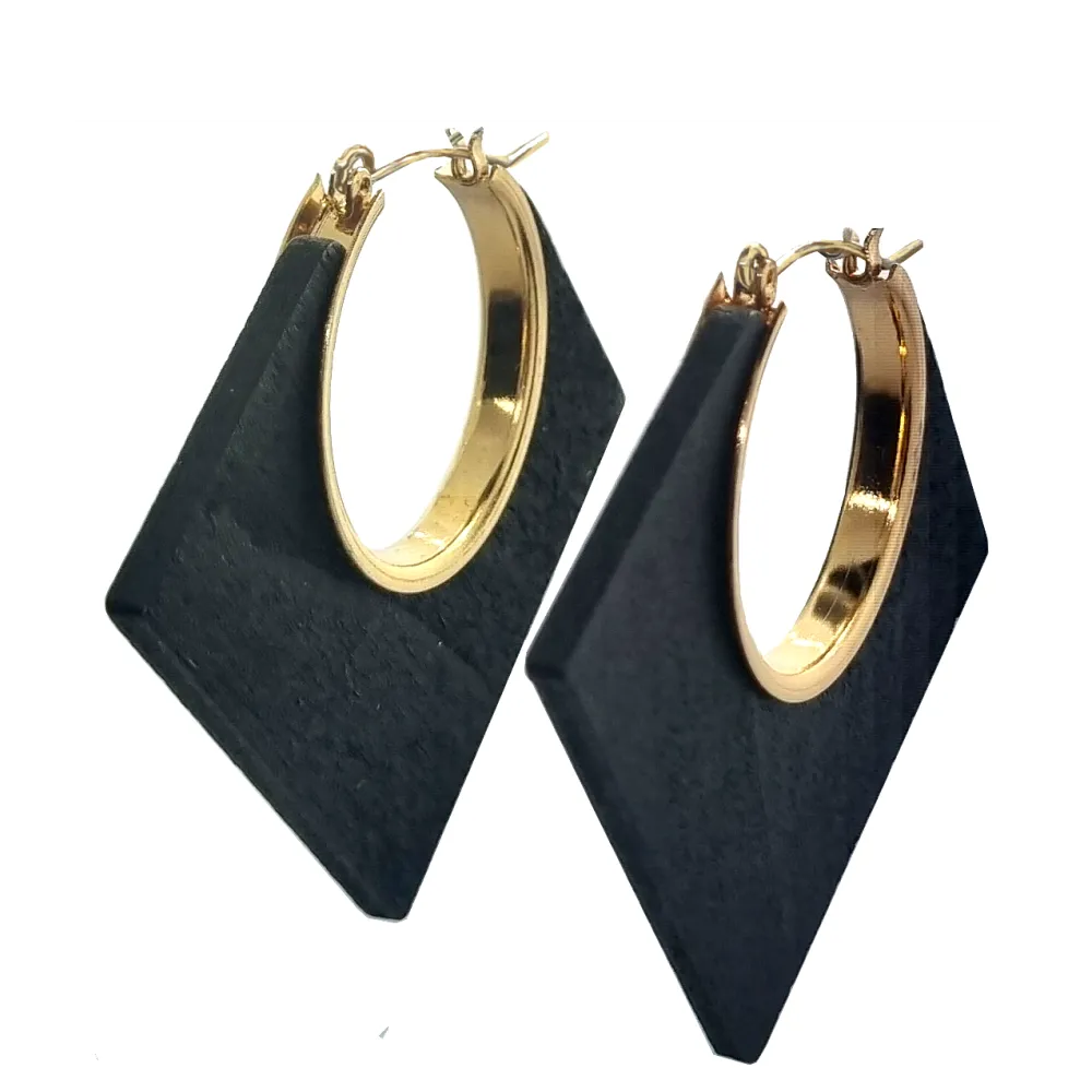 Lozenge Shape Black Wood and Metal Earrings