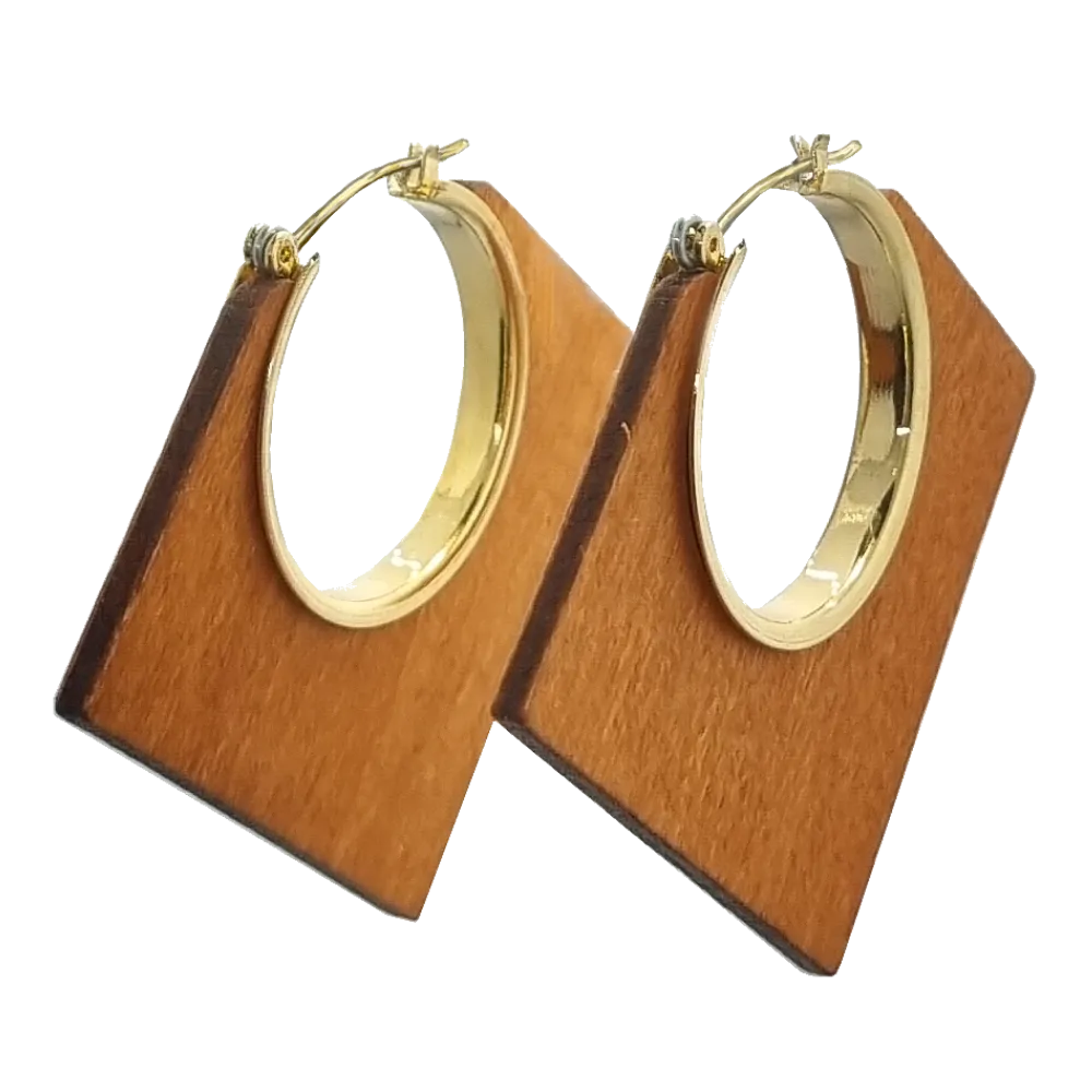 Lozenge Shape Black Wood and Metal Earrings