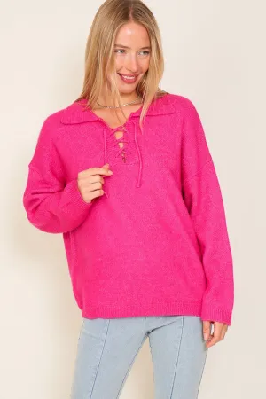 Lumiere Sweater Top with V-Shape Criss Cross Tie Neck