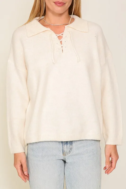 Lumiere Sweater Top with V-Shape Criss Cross Tie Neck