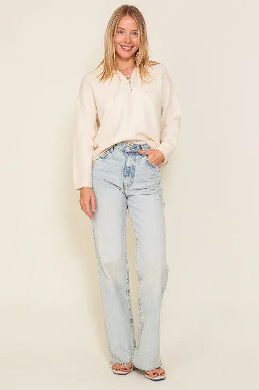 Lumiere Sweater Top with V-Shape Criss Cross Tie Neck