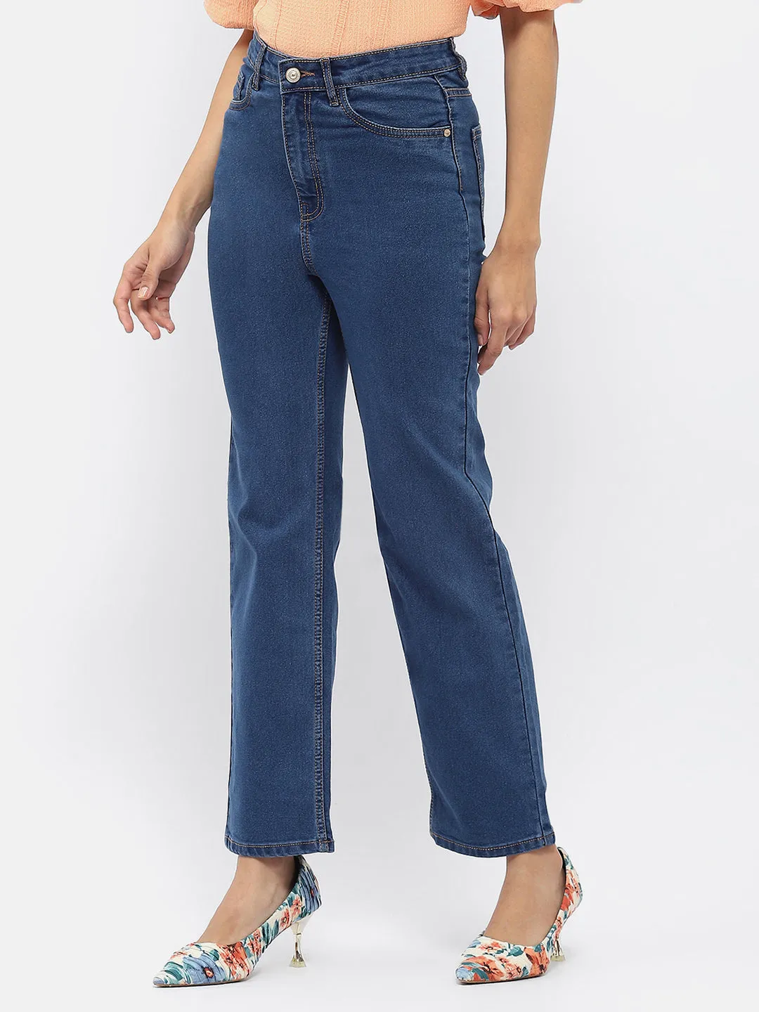 Madame Solid Mid Blue Wide Leg Jeans