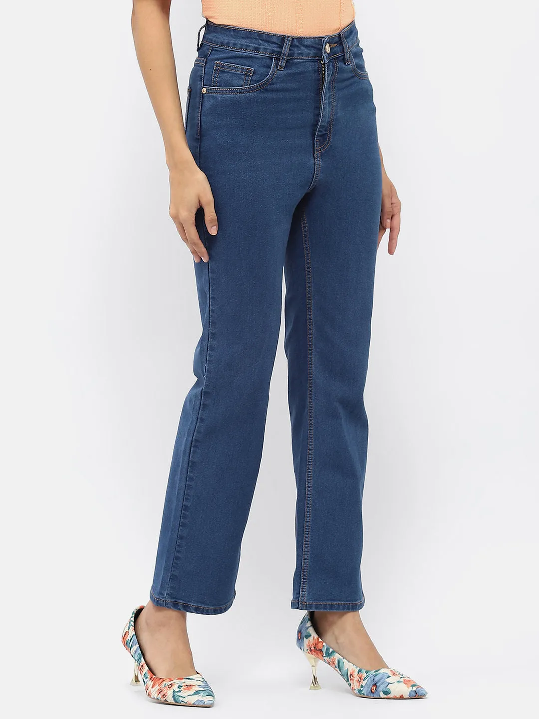 Madame Solid Mid Blue Wide Leg Jeans
