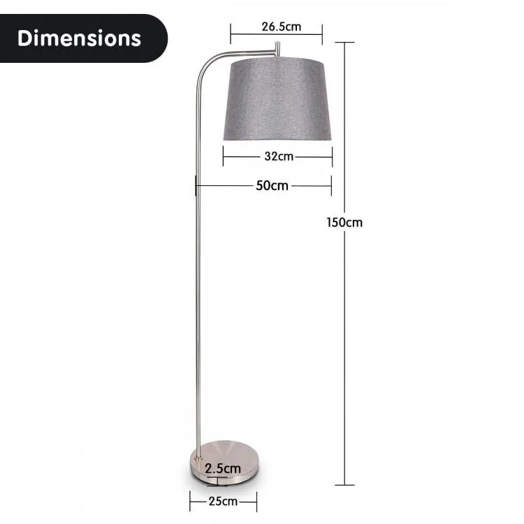 METAL TASK FLOOR LAMP IN NICKEL FINISH WITH GREY LINEN FABRIC SHADE
