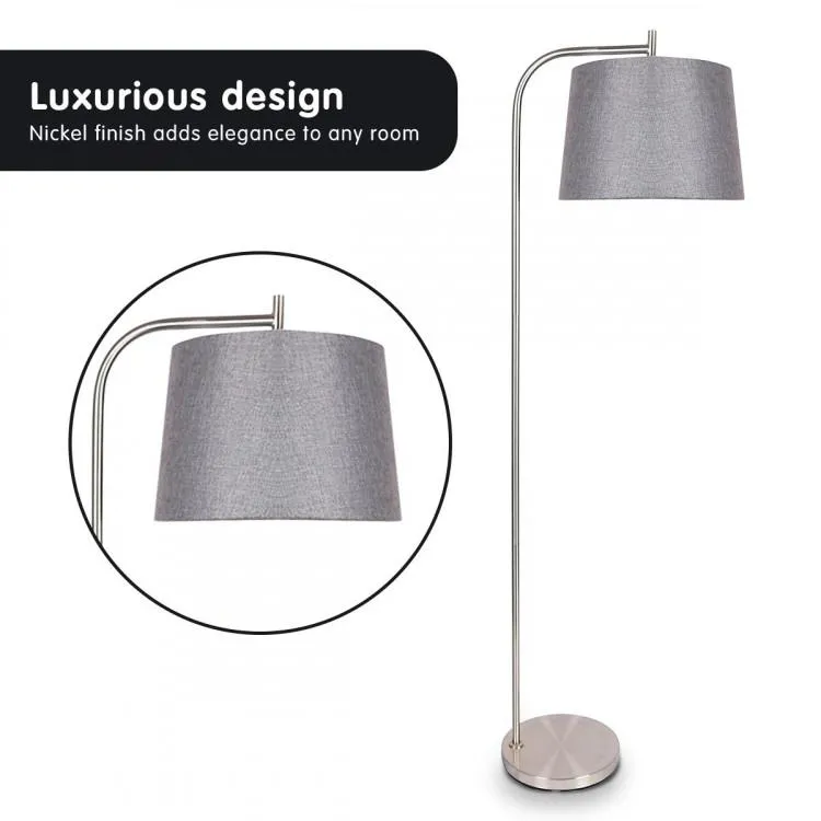 METAL TASK FLOOR LAMP IN NICKEL FINISH WITH GREY LINEN FABRIC SHADE