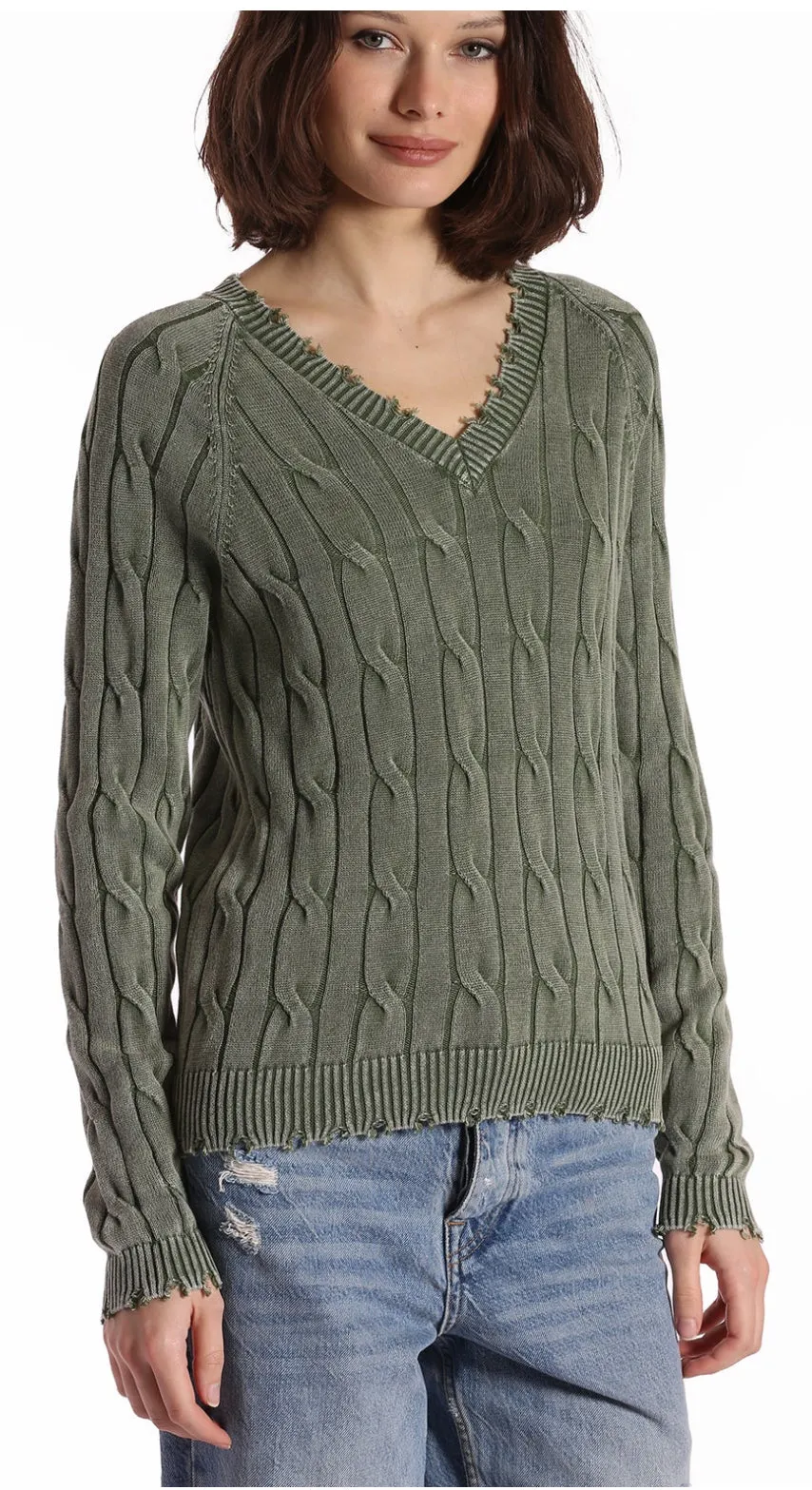 Minnie Rose Stone Wash Cable V Neck