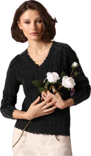 Minnie Rose Stone Wash Cable V Neck