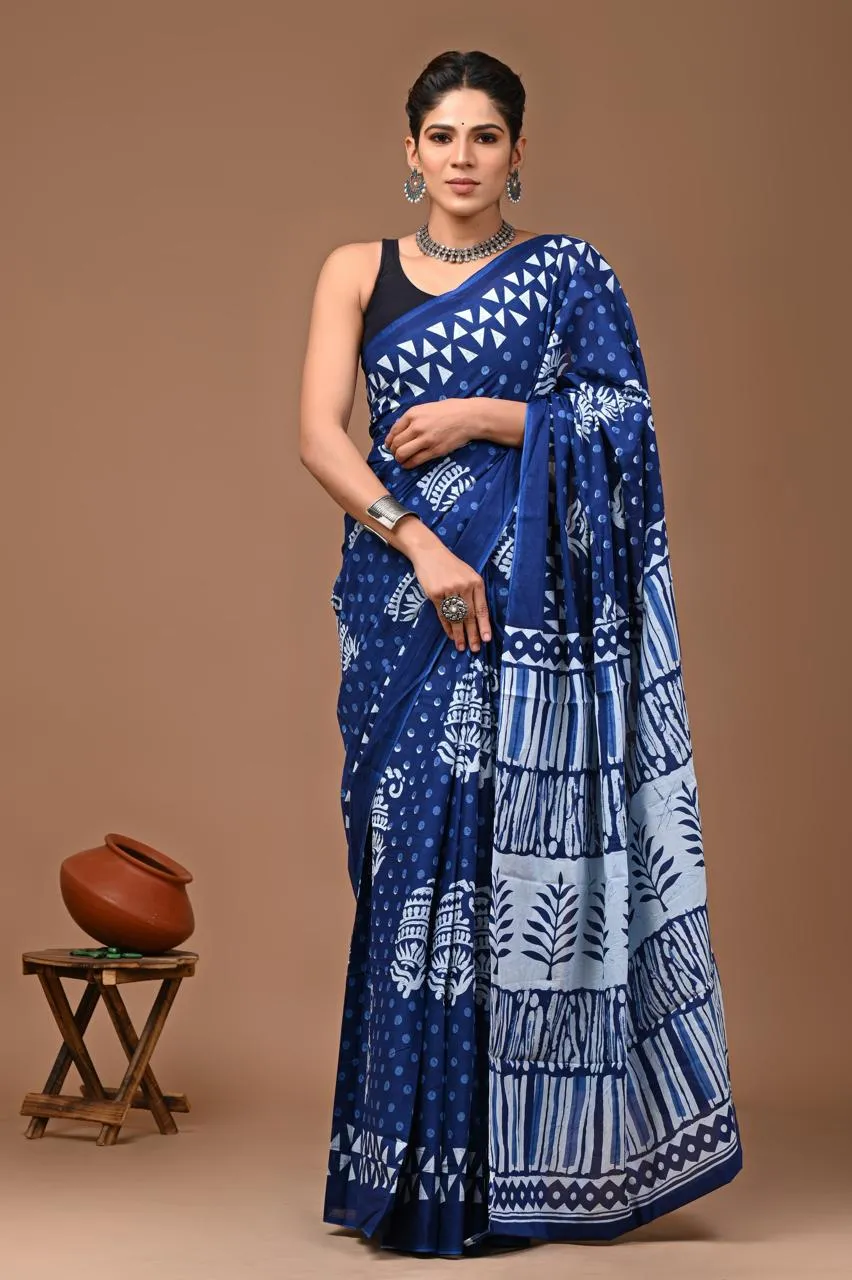 Mulmul Cotton Saree In Blue