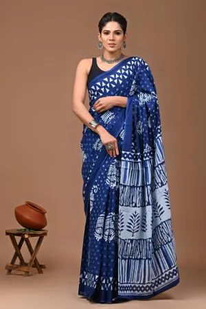 Mulmul Cotton Saree In Blue