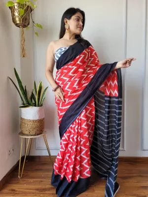 Mulmul Cotton Saree In Red & Black